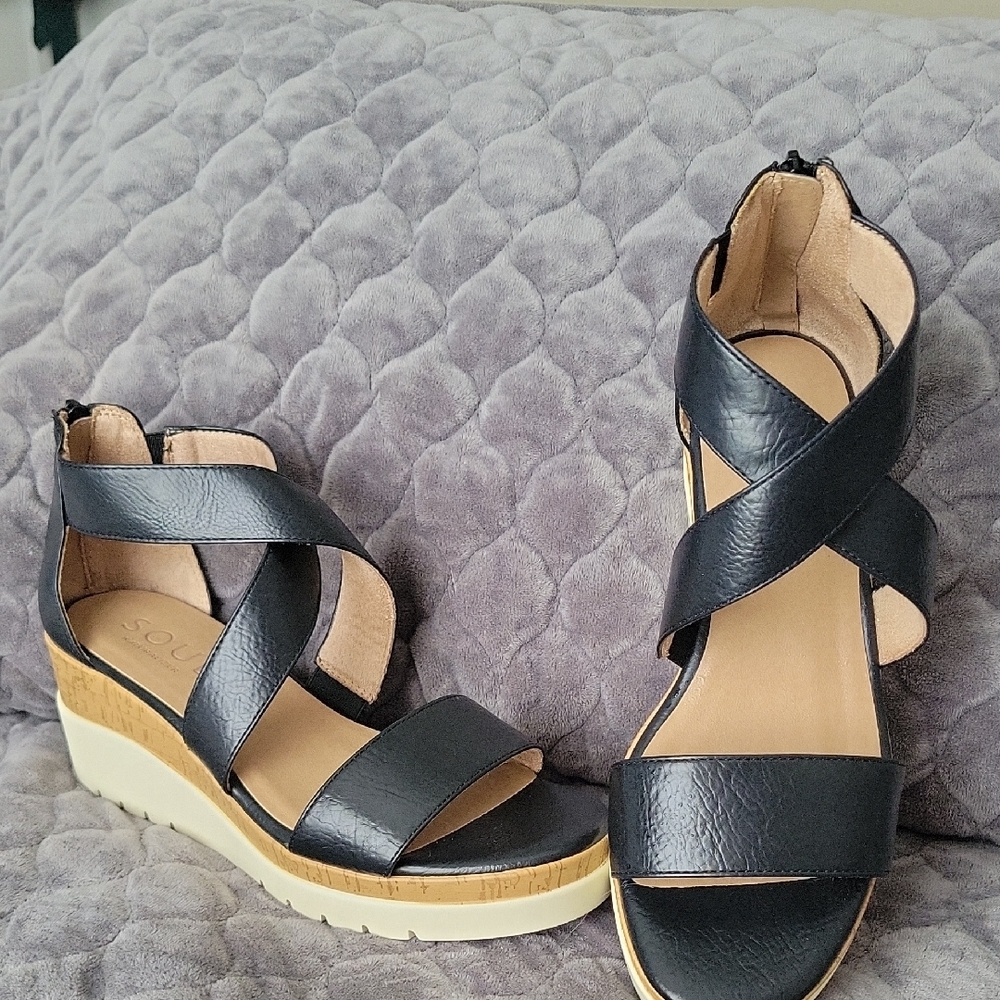 Soul Black and Tan Wedge Sandals